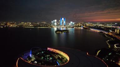 苏州东方之门文化艺术中心金鸡湖夜景灯光航拍